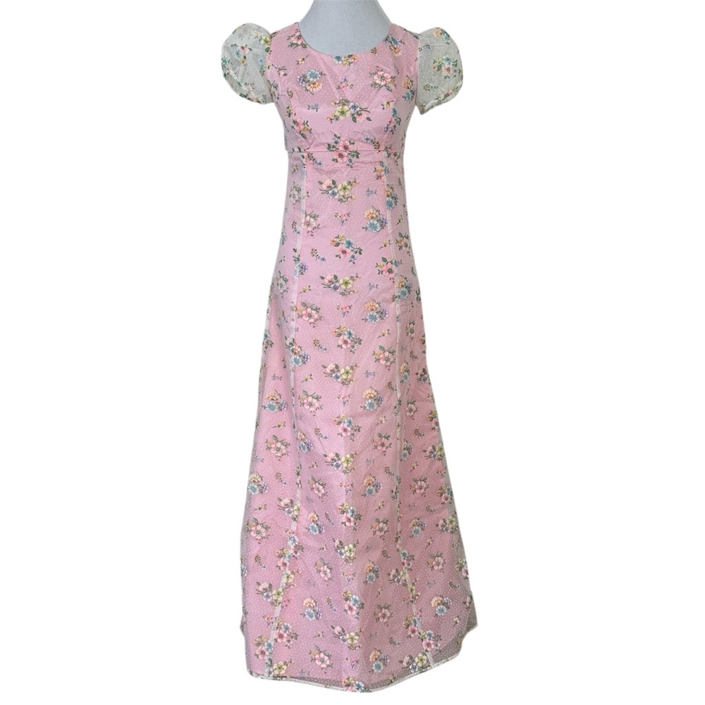VINTAGE Pink Swiss Dots Floral Prairie Dress
